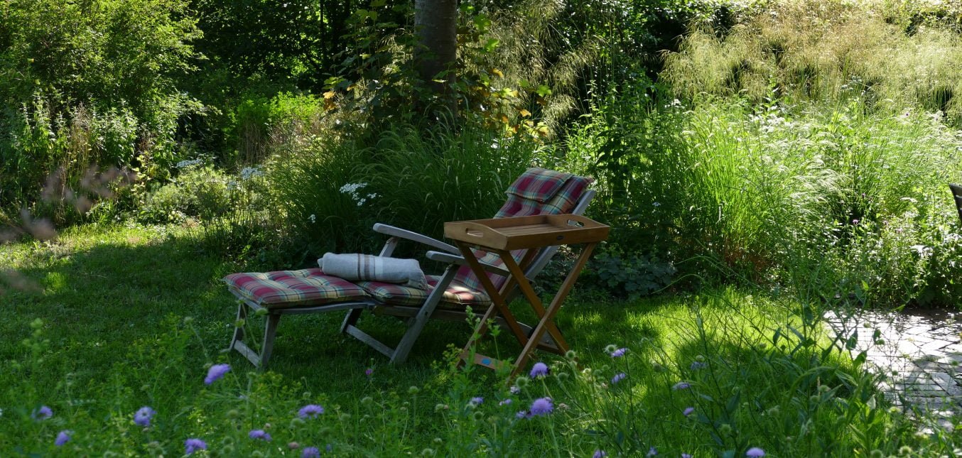 Heute im Naturgarten - Liege zwischen Wiesenwitwenblume und Margerite
